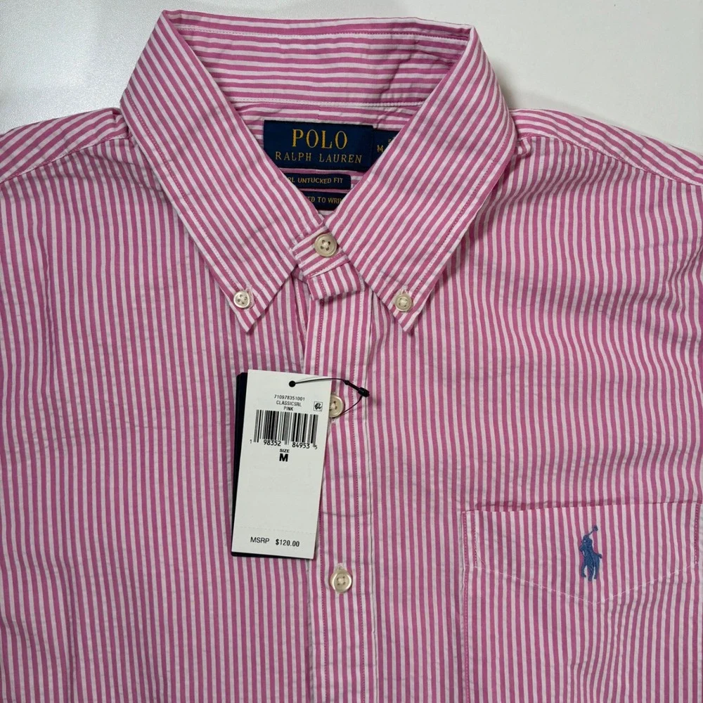 NEW Polo Ralph Lauren Seersucker Shirt Medium Pink Striped RL Untucked Fit